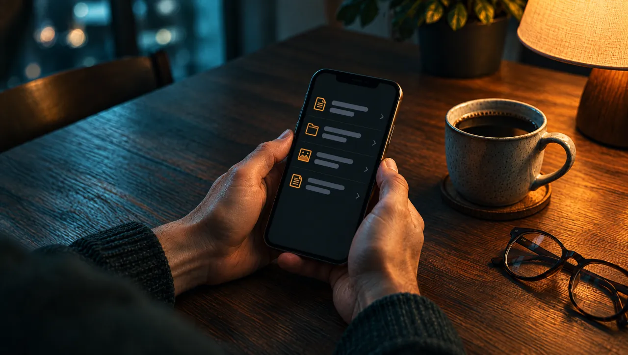 Hände halten ein Smartphone mit einer digitalen Mappe